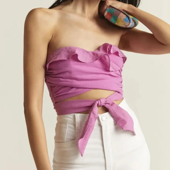 “ANTHROPOLOGIE” PINK RUFFLED TIE-FRONT TUBE TOP PLUS SIZE S - Picture 1 of 6